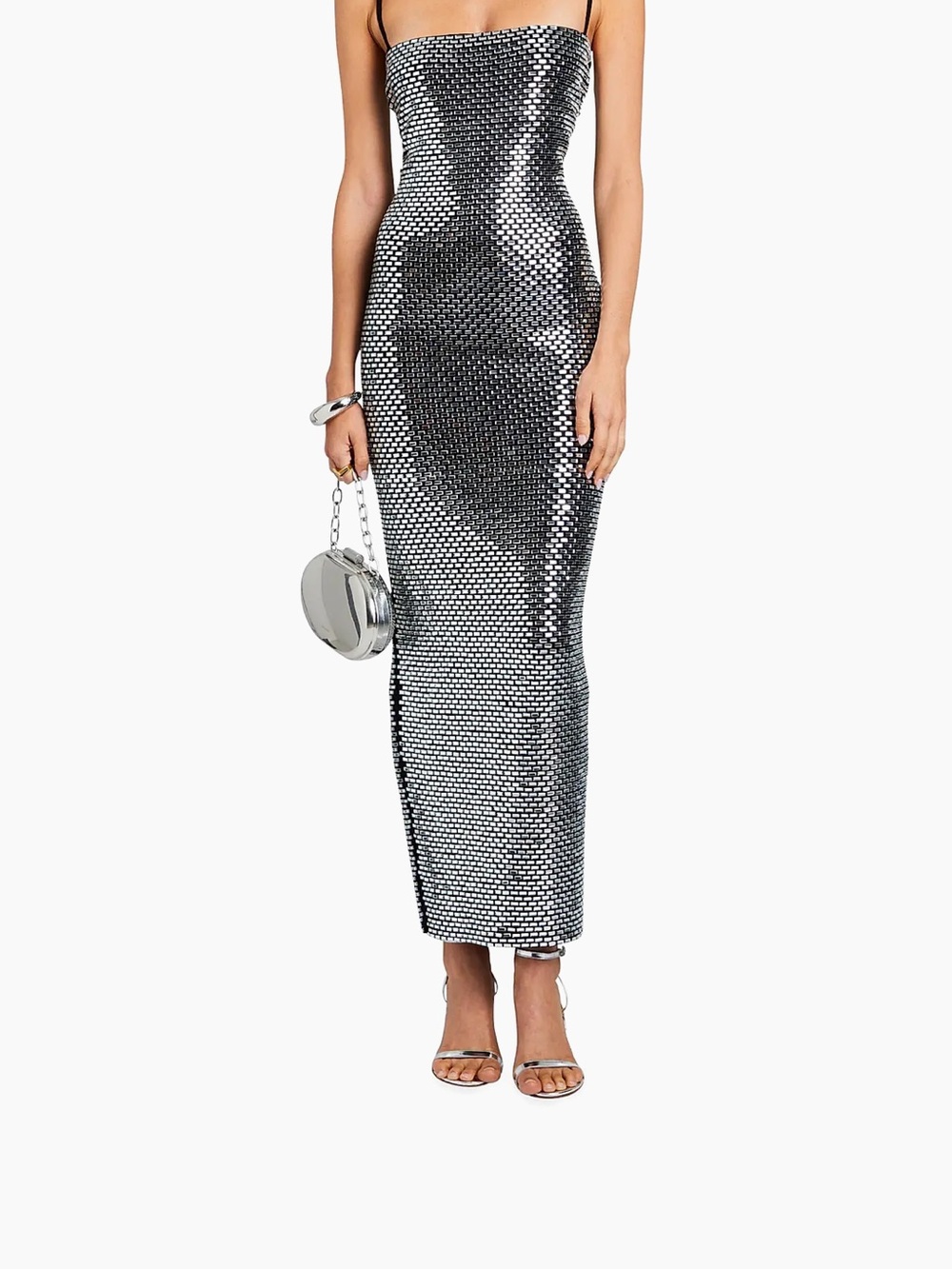 Retrofete Metallic Silver Strapless Sequin Maxi Gown